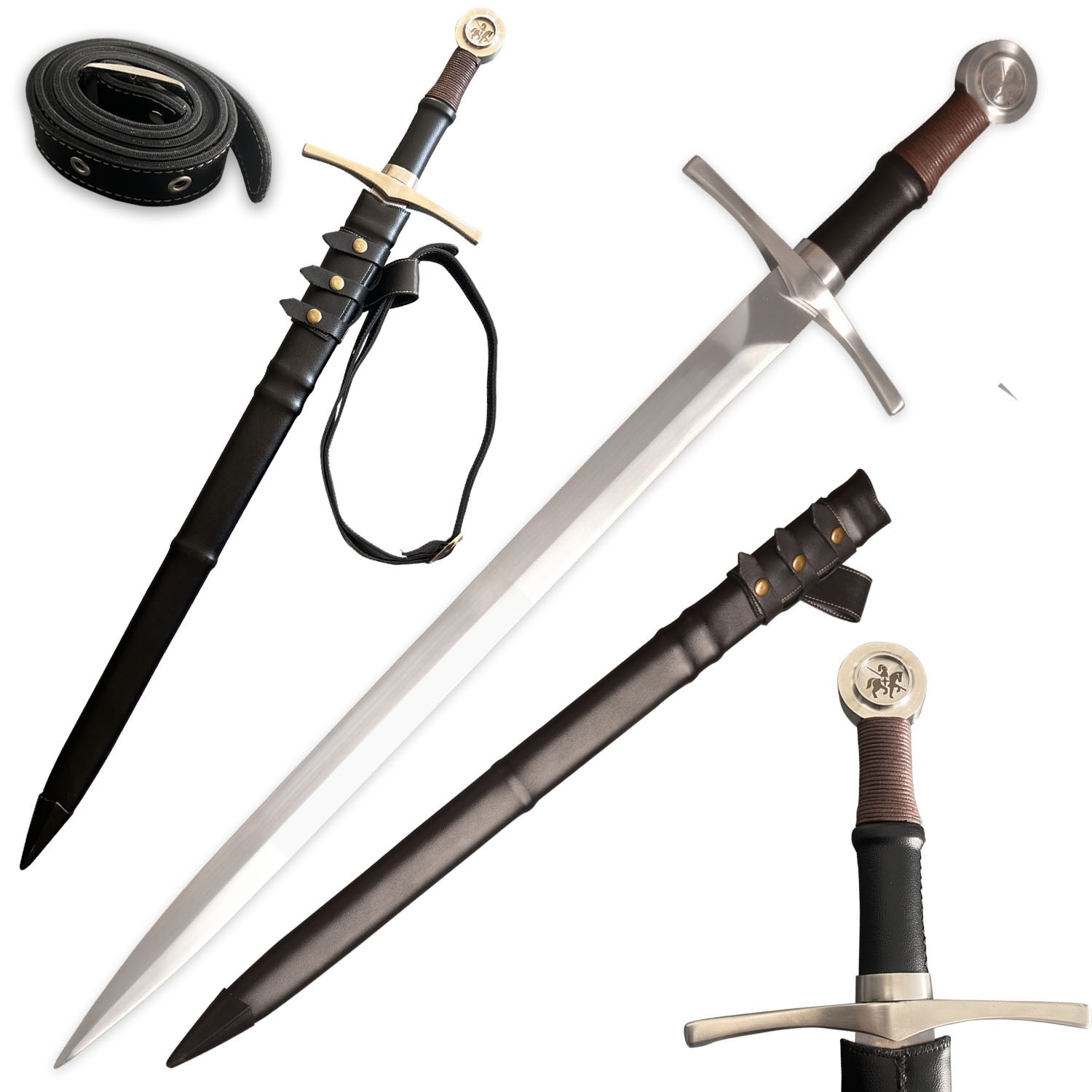 Black Medieval Western Sword with Belts Handmade High Manganese Steel Full Tang.