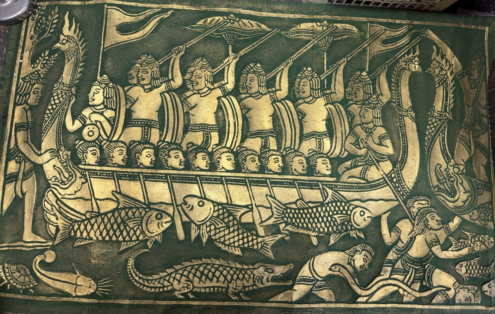 Vintage Cambodian Temple Rubbing Embossed  Gold On Green Papyrus/Ceremonial Boat