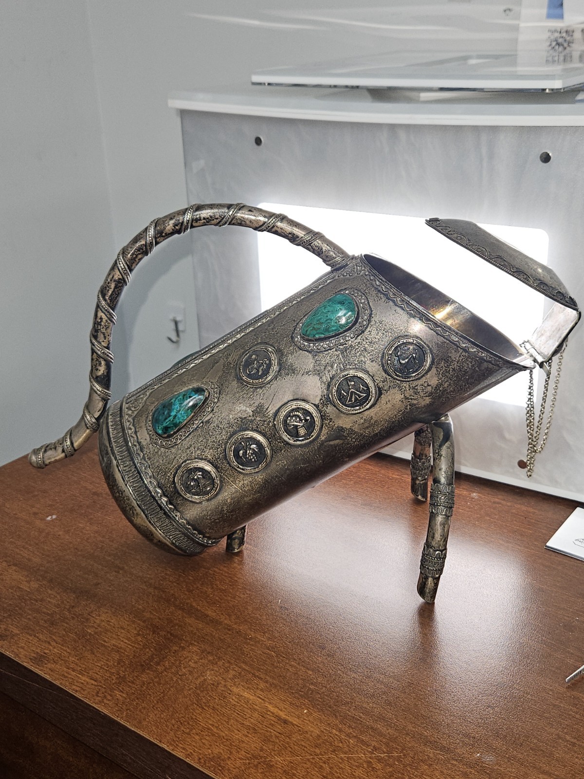 Vintage Bezalel Israeli Silver Wine Bottle Cradle Set With Eilat Stones