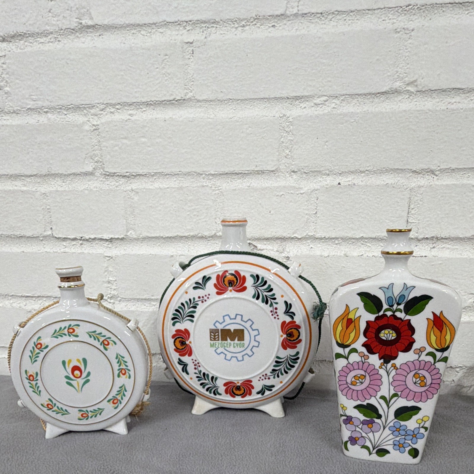 Vintage Hungarian Mezocep Gyor Ceramic Flask Hand Painted Folk Art Bottle
