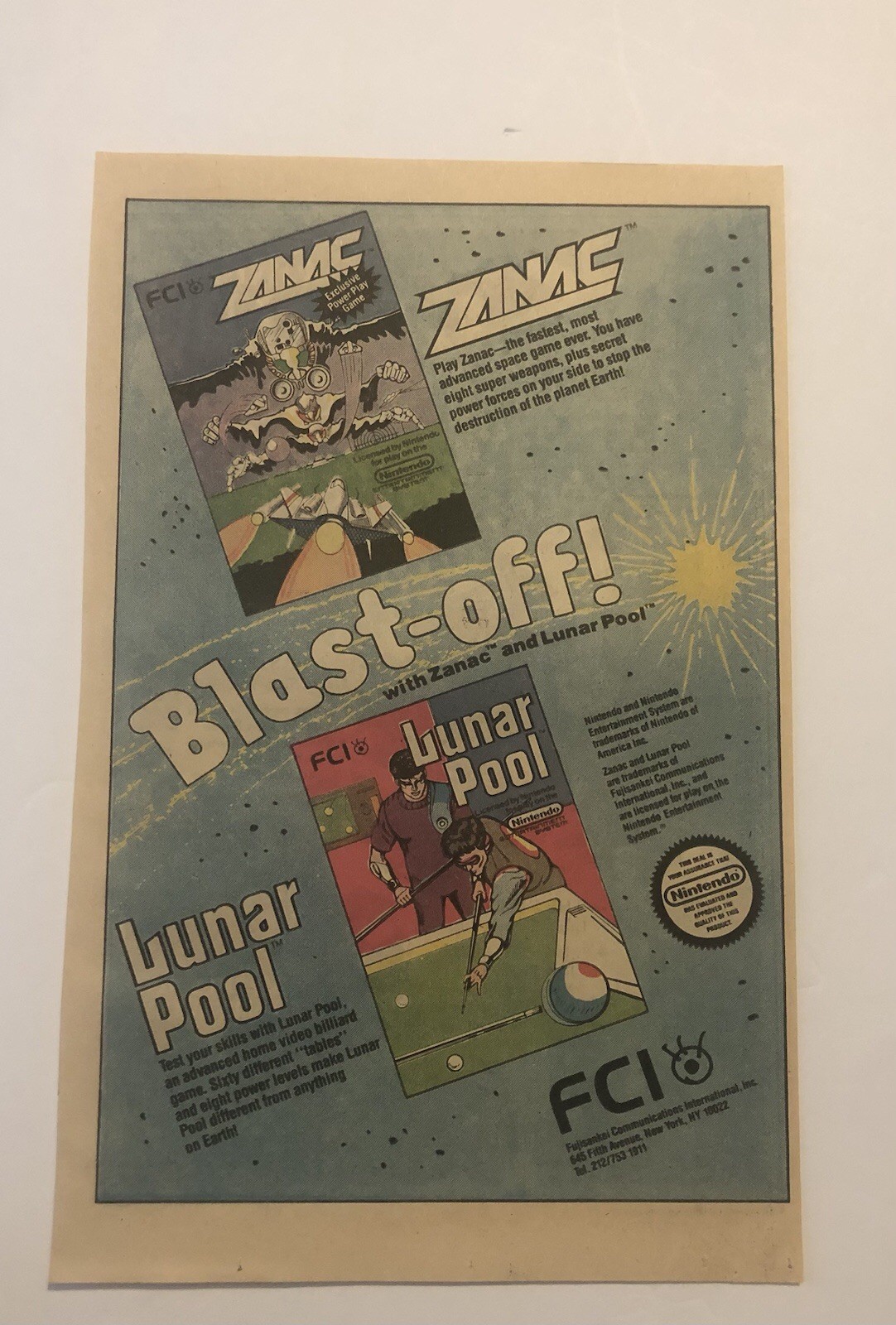 Vintage Nintendo Zanac & Lunar Pool Magazine Ad 0C26
