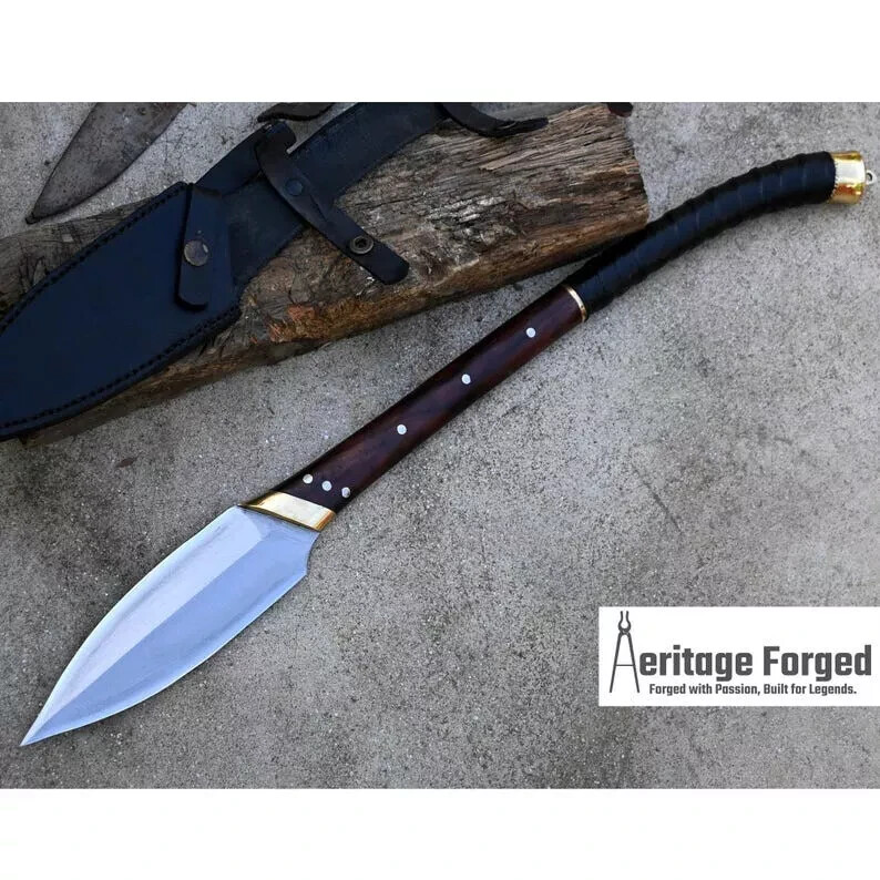 CUSTOM HANDMADE CARBON STEEL HUNTING HELLBOY SPEAR KNIFE W/WOOD HANDLE & SHEATH