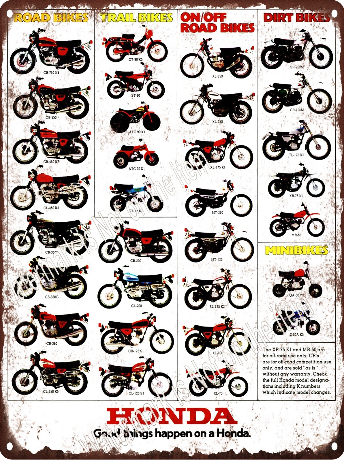 1974 HONDA LINE UP FULL LINE MOTORCYCLE BIKE CT90 Metal Sign 9x12