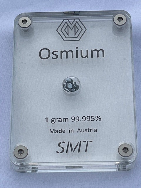 Crystalline Osmium 1 gram sealed in acrylic housing - Made in Austria