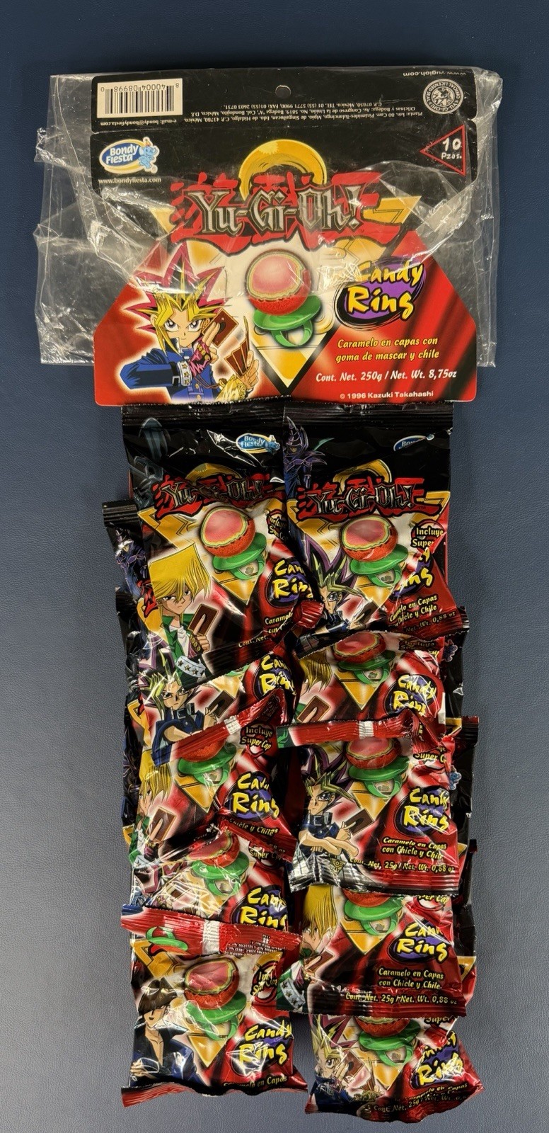Vintage 2006 Yu-Gi-Oh Candy Rings Display Strip 10 Sealed Packs w/ Tazos Mexico