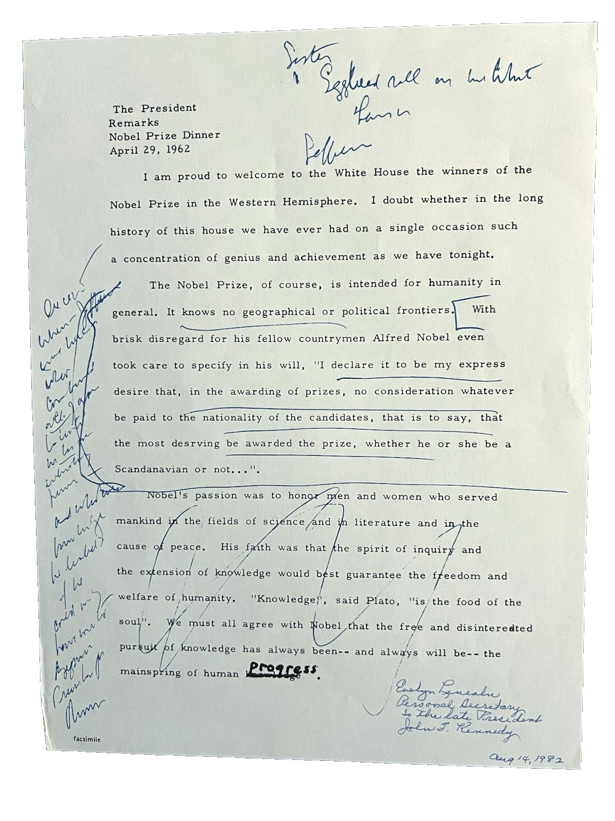 EVELYN LINCOLN HAND-SIGNED/INSCR. COPY OF PRESIDENT KENNEDY'S NOTATED REMARKS