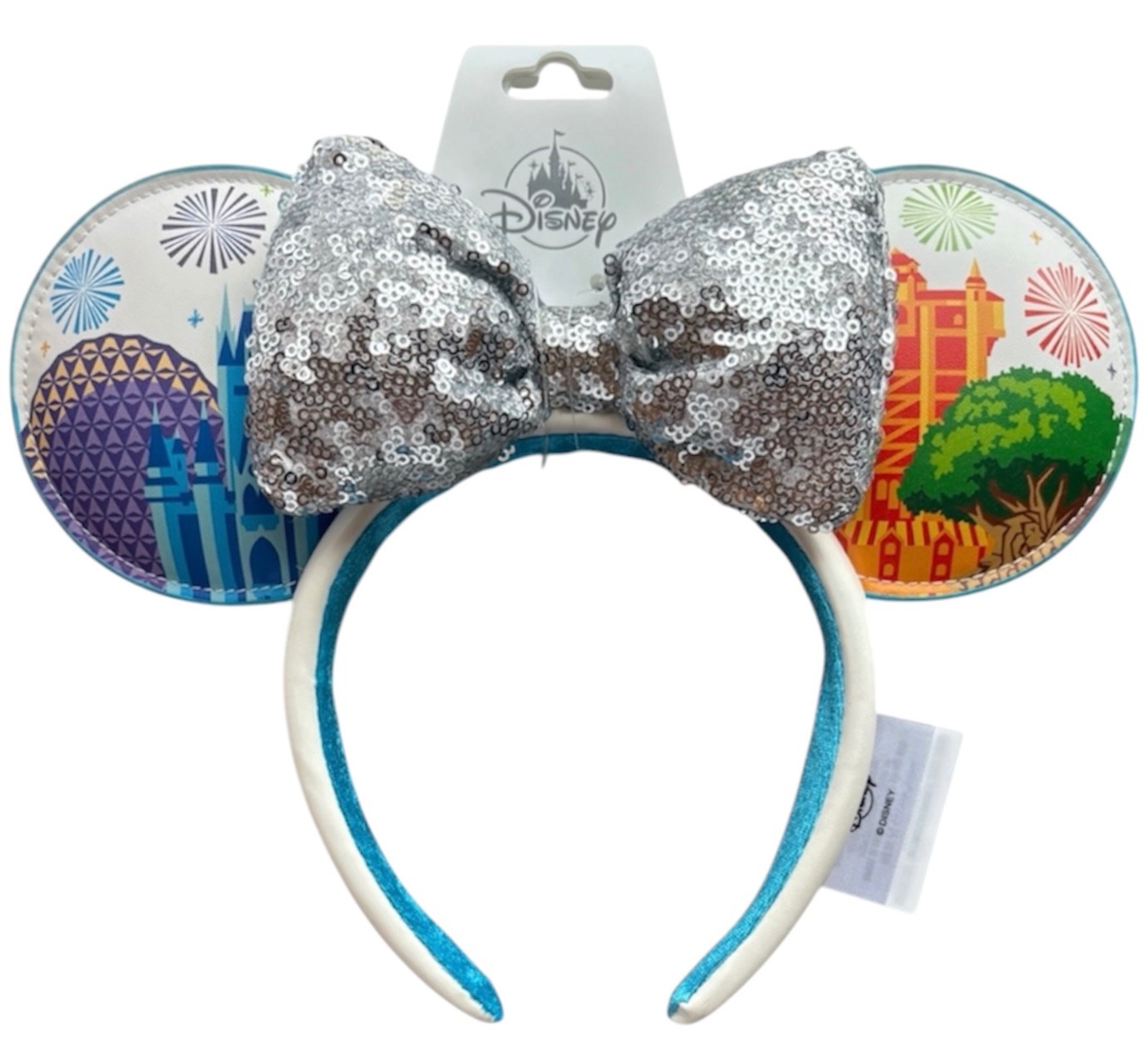 Disney World Minnie Four Parks One World Fireworks Ears Sequin Bow Headband  NEW