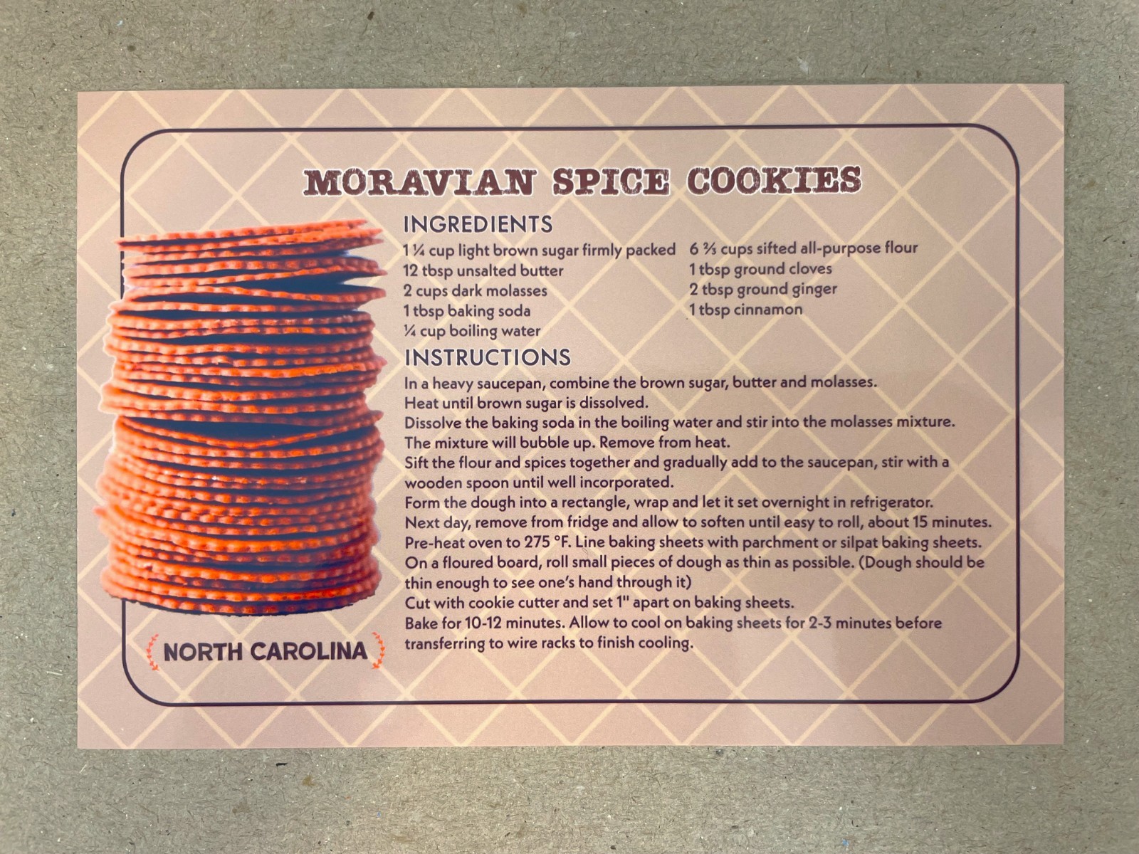 New postcard 4x6 Moravian Spice Cookies North Carolina 50 States Famous Recipe