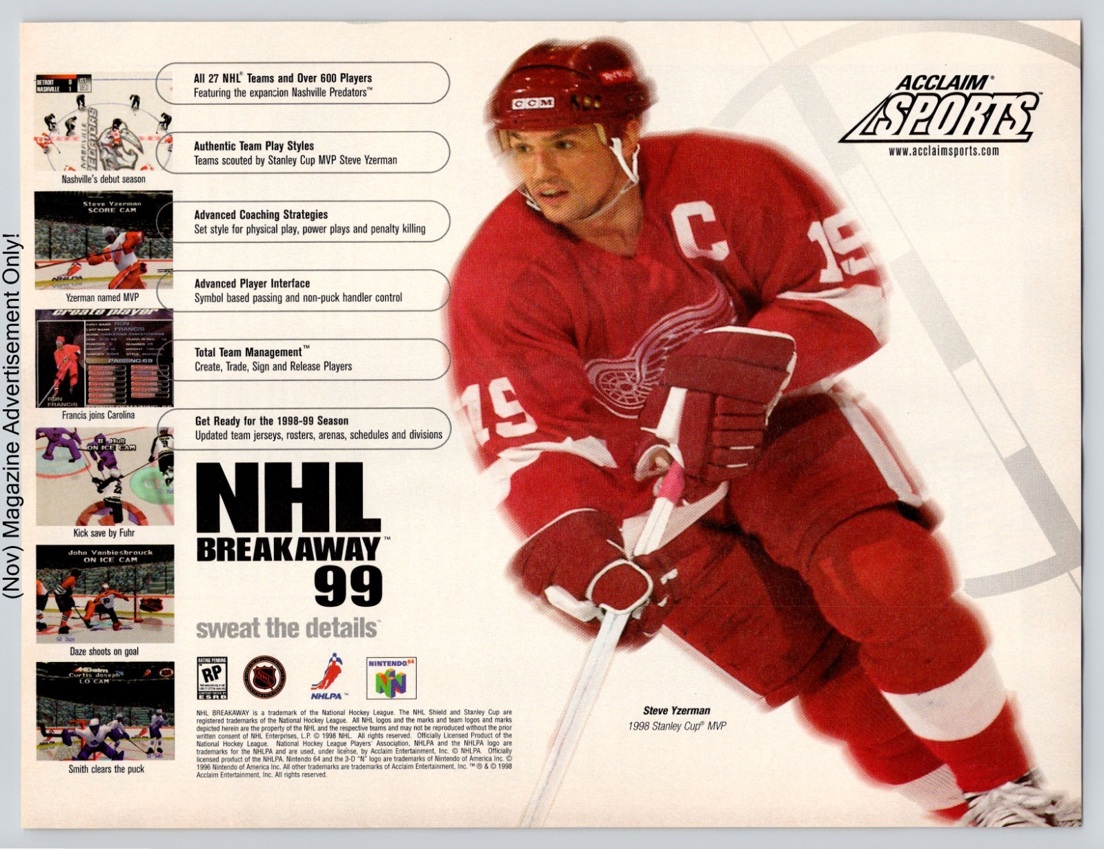 NHL Breakaway 99 Nintendo 64 N64 Acclaim Steve Yzerman Hockey 1998 Advertisement