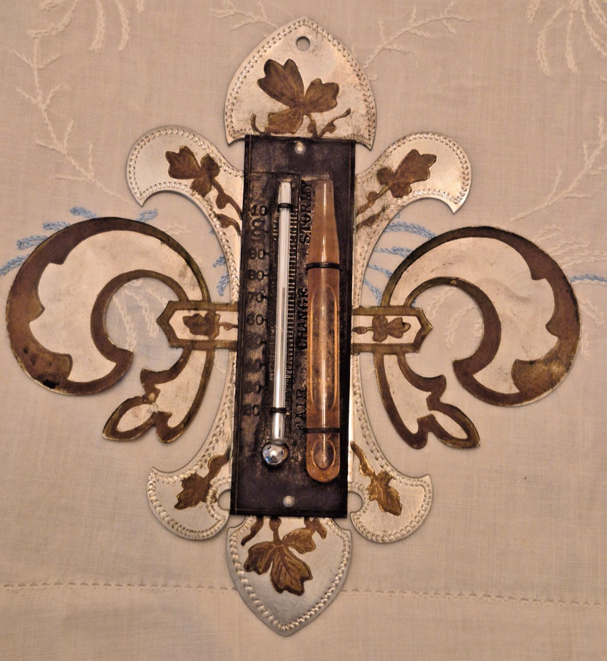 Antique Fleur-de-lis Metal Wall-hanging Thermometer with Borometer Hand-painted