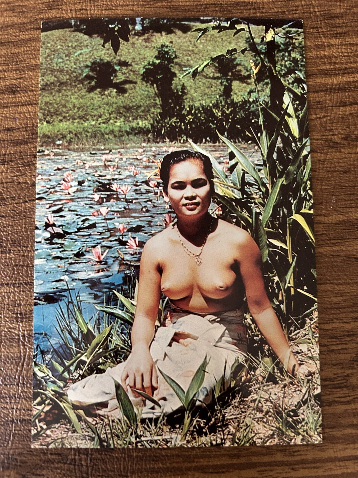 Vintage Dayak Maiden Admiring Lake Sarawak Borneo Postcard