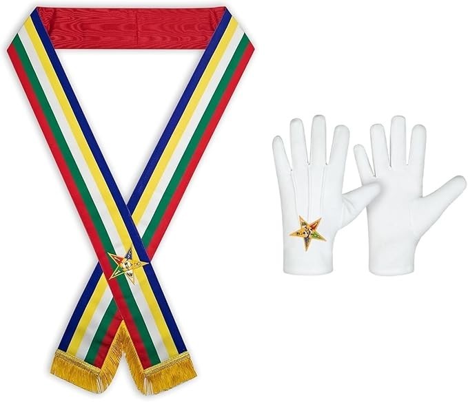 MASONIC ORDER OF THE EASTERN STAR OES FIVE COLOR SASH WITH COTTON GLOVES