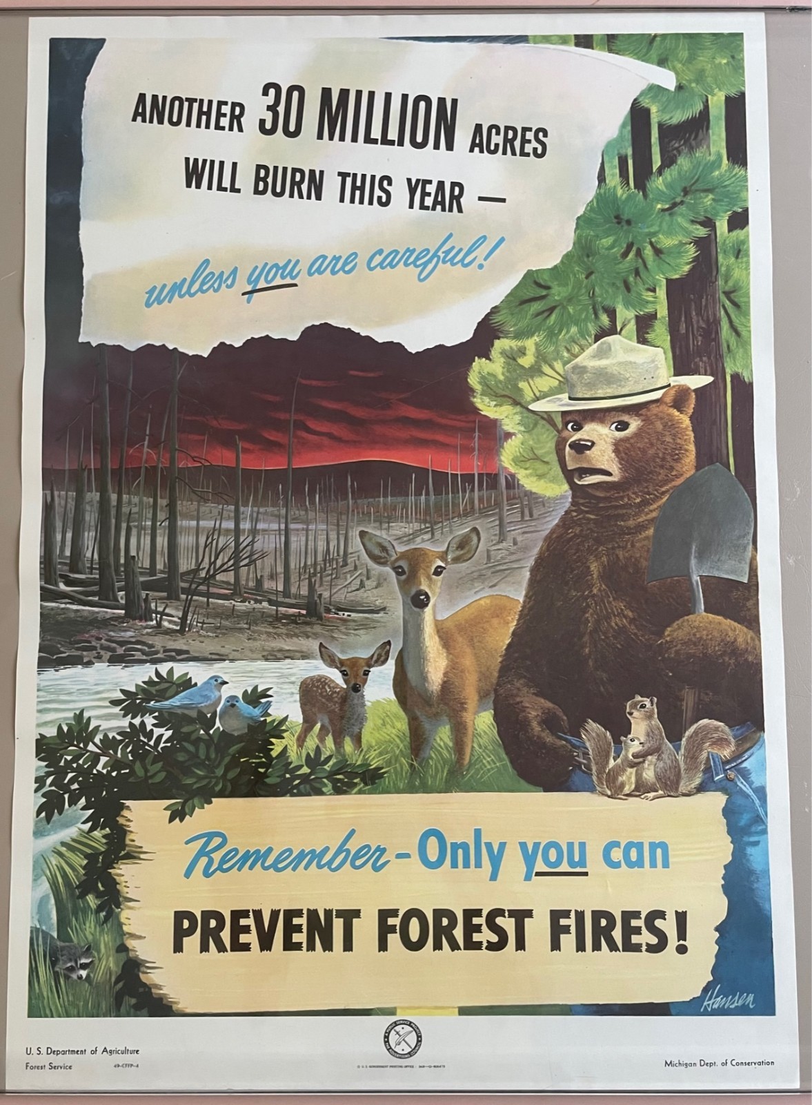 Rare 1949 Vintage Original Smokey Bear 18 x 26 Fire Prevention Paper Poster NOS