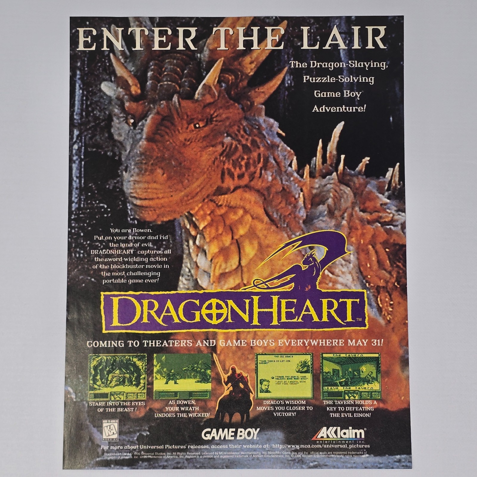 Dragon Heart Nintendo Game Boy The Lair Printer Ad/Poster