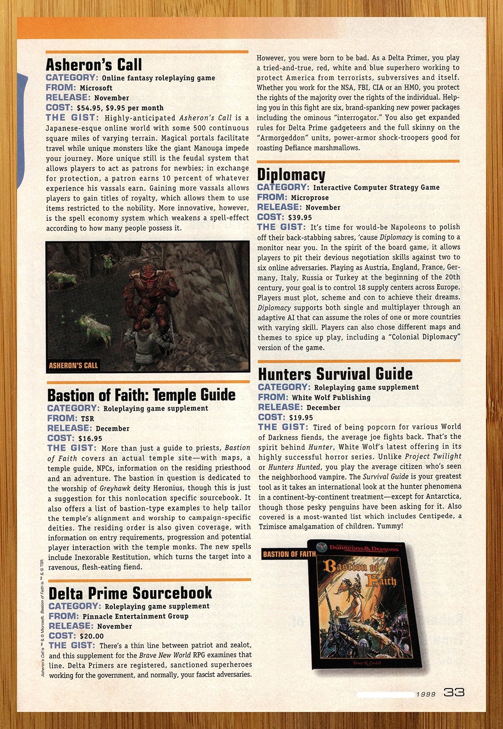 1999 Asheron's Call/Diplomacy/AD&D Bastion of Faith Print Ad/Poster PC RPG Art