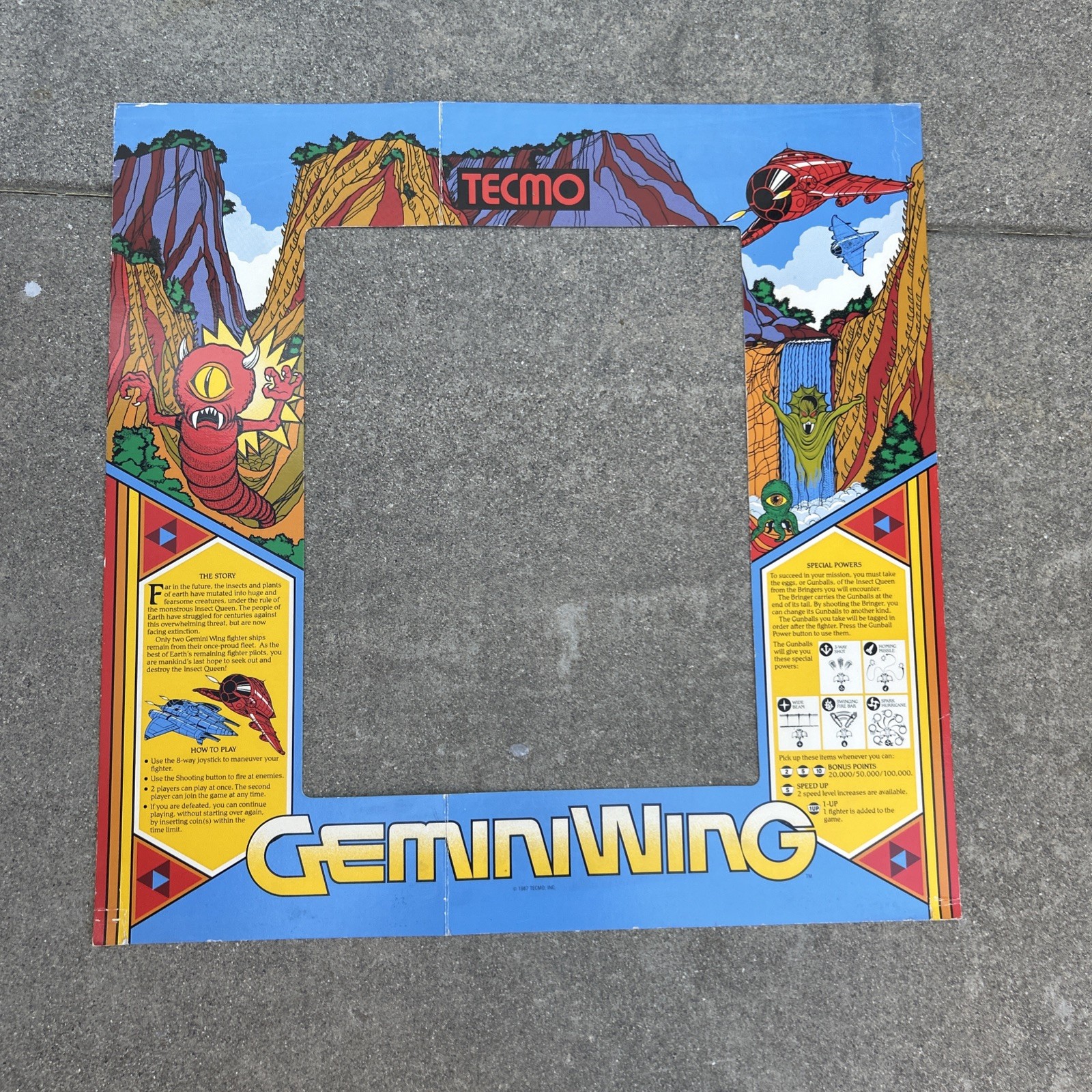 Original Monitor Bezel Gemini Wing Tecmo 23 5/8 X 23 5/8  ARCADE GAME ART