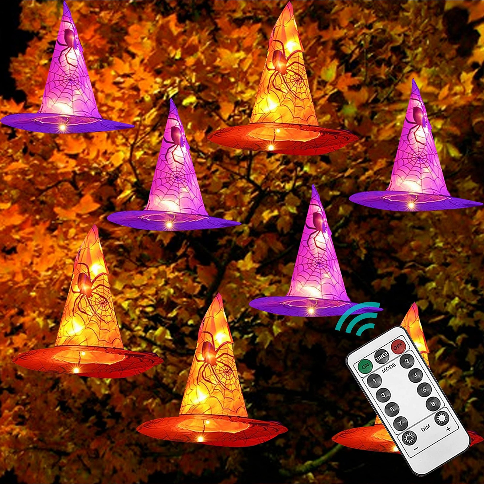 Dazzle Bright 8 Pcs Hanging Witch Hat String Lights, Light Up Multicolor