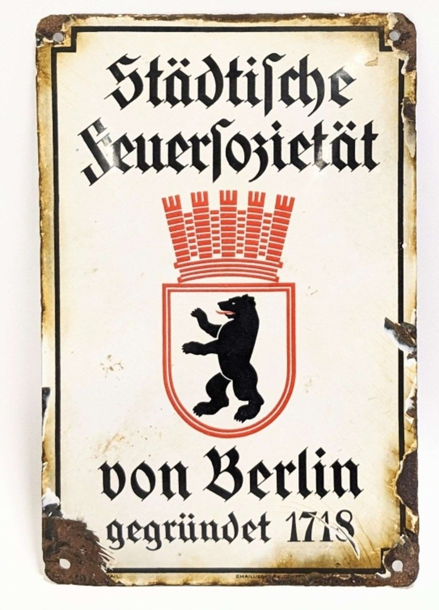  1930\'s German Berlin Fire Society Porcelain Sign Fireman Firefighter 