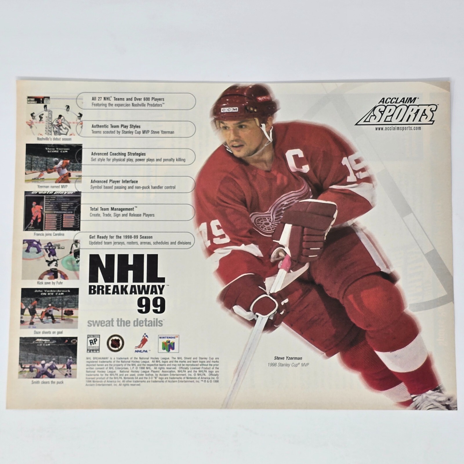 NHL Breakaway 99 Nintendo 64 N64 Sweat the Details Print Ad/Poster Promo Art
