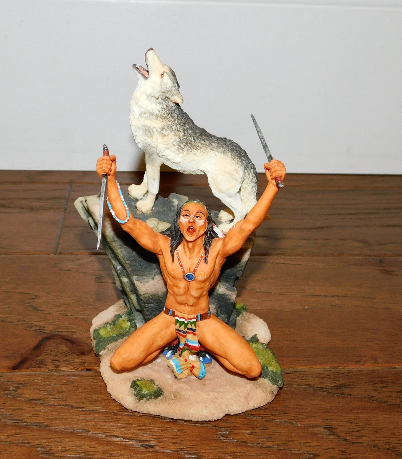 VINTAGE Pacific Giftware Native American Warrior & Wolf Resin SIGNED Sculpture