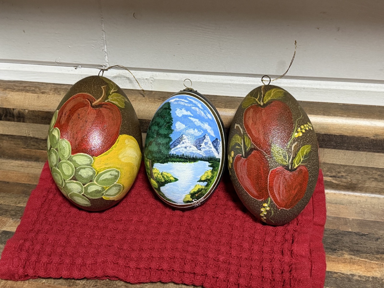 Vintage Hand Painted Real Emu Egg Ornaments Set of 3 Fruit Landscape Signed 1992