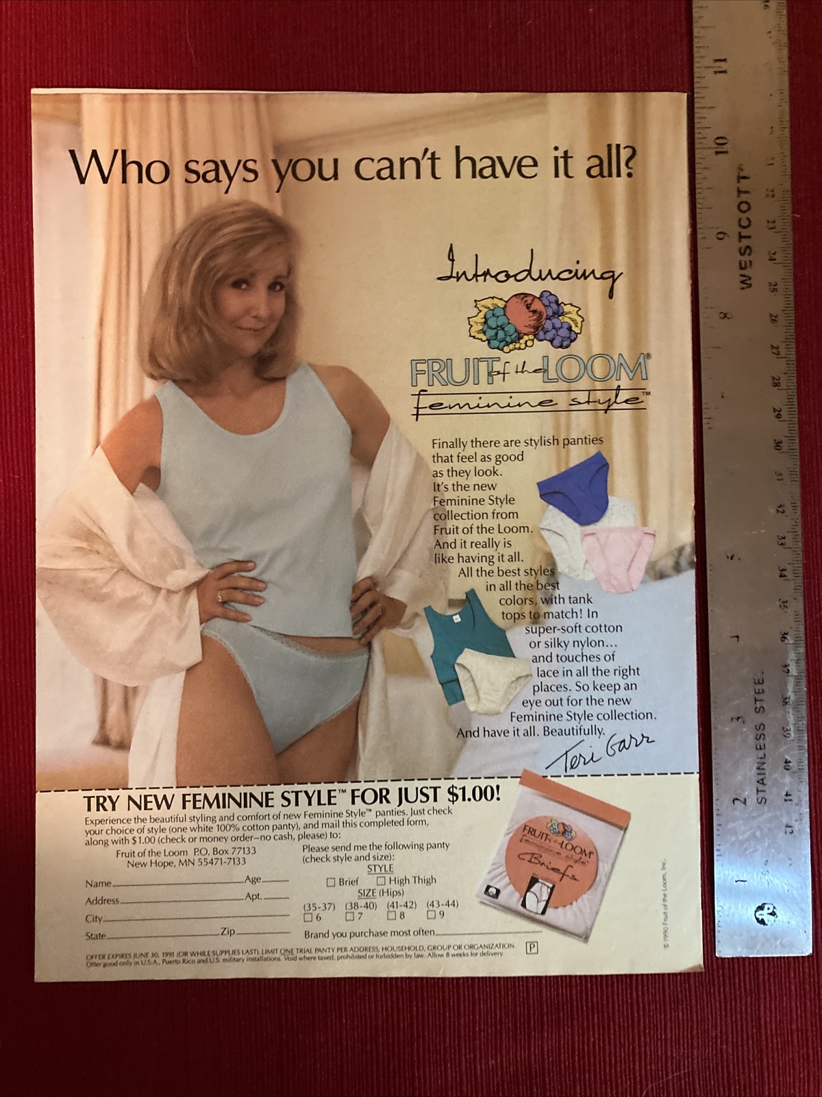 Actor Teri Garr for Women’s Fruit Of The Loom 1991 Print Ad - Great To Frame