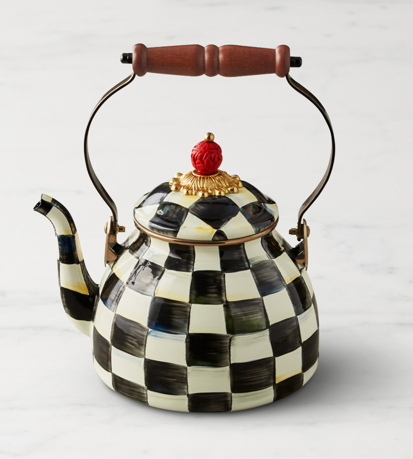 Mackenzie Childs 2 Quart Enamel Tea Kettle,Courtly Check
