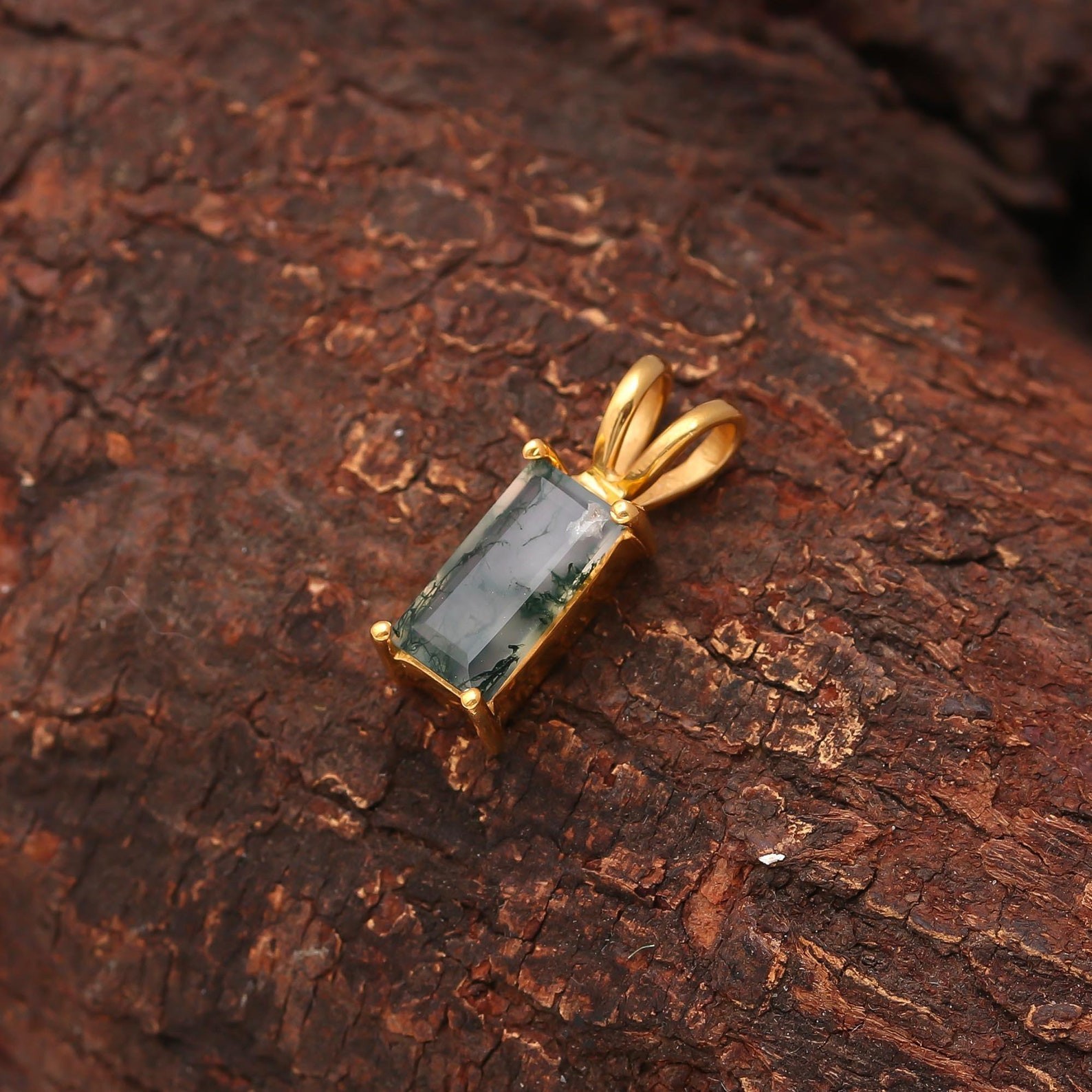 14K Gold Moss Agate Pendant: Handmade Octagon Gemstone Necklace