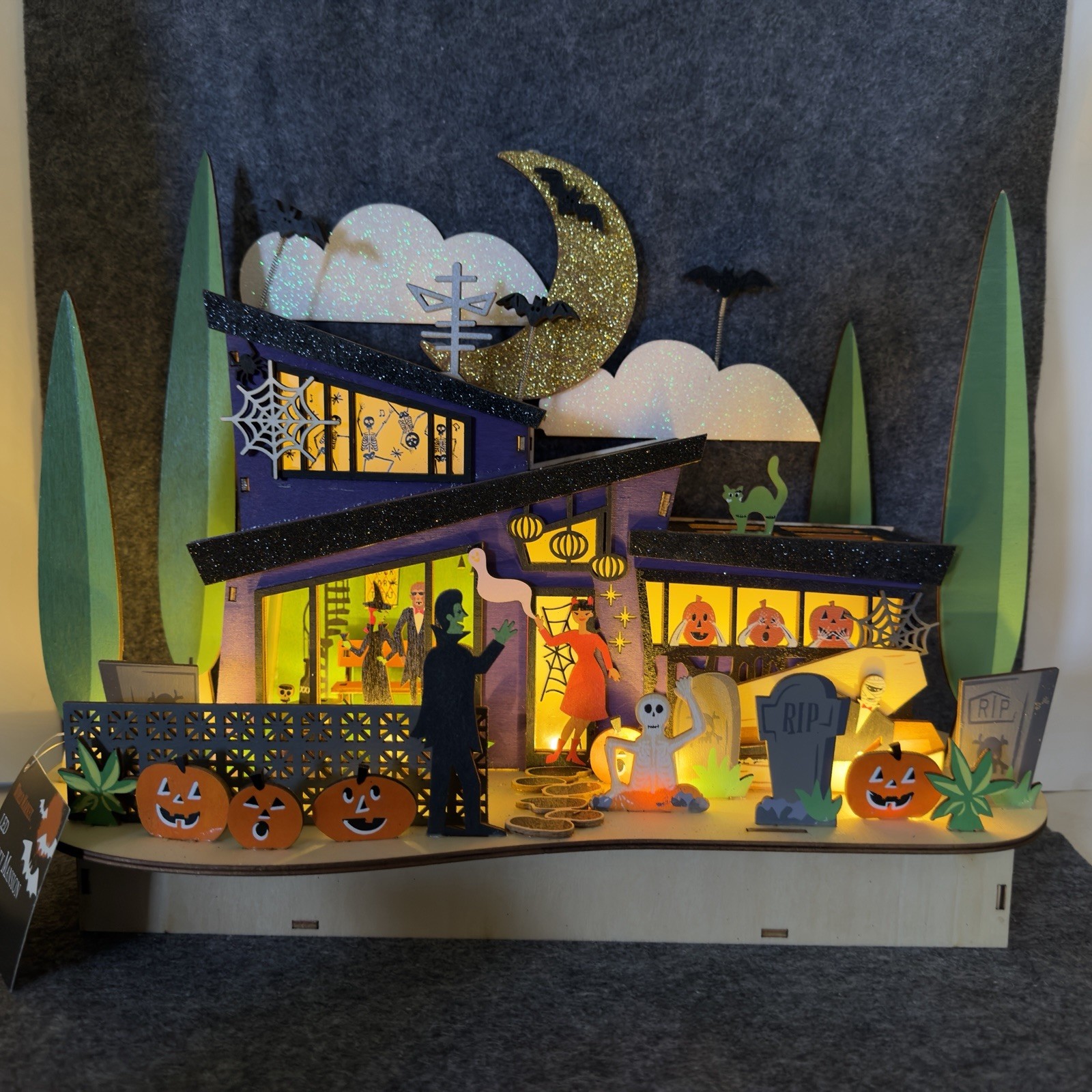 World Market LED Laser-Cut Wood Light Up Halloween House Mid Century Modern 2022