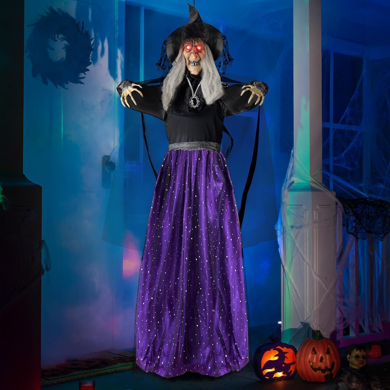 47 Inch Animated Witch Halloween Decor Sound Activated LED Hanging Ghost Prop