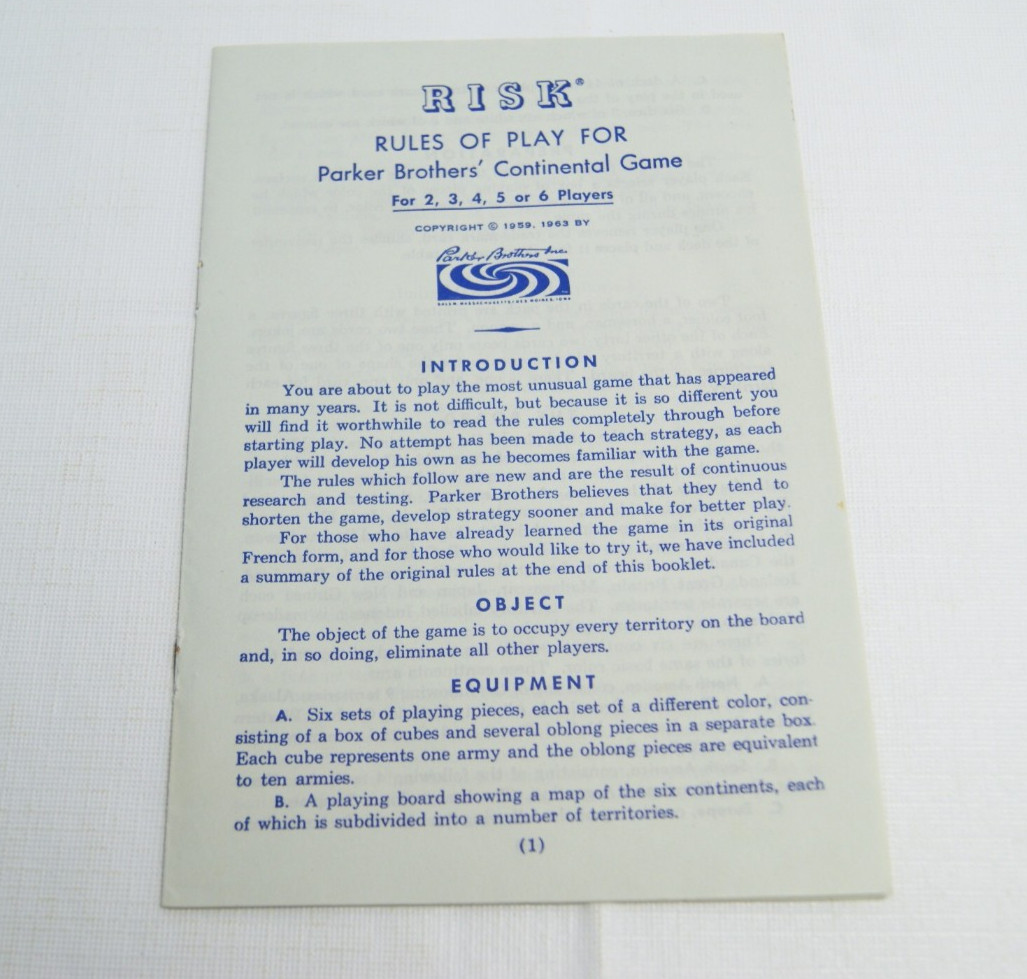 Risk Game 1963 Rules of Play Parker Brothers Replacement Instructions Risk