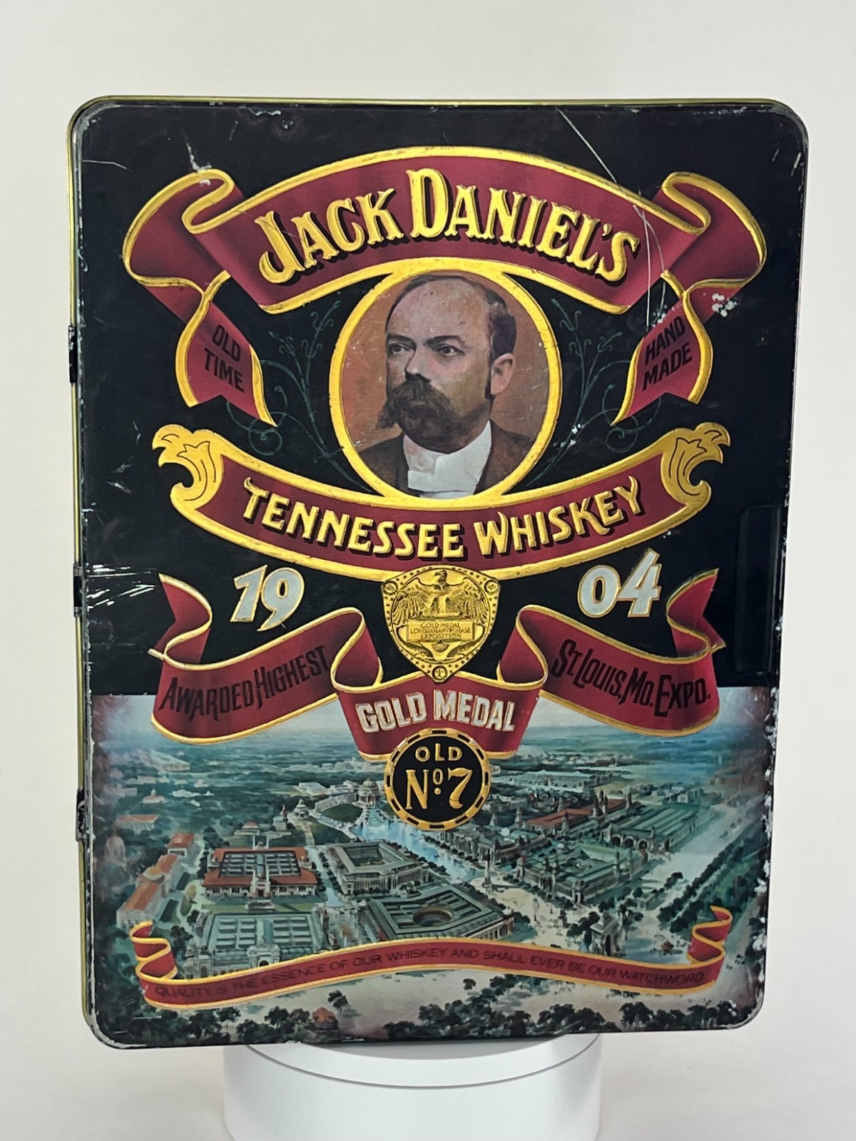 Vintage Jack Daniels Whiskey 1904 Gold Medal Hinged Tin Box St Louis Worlds Fair