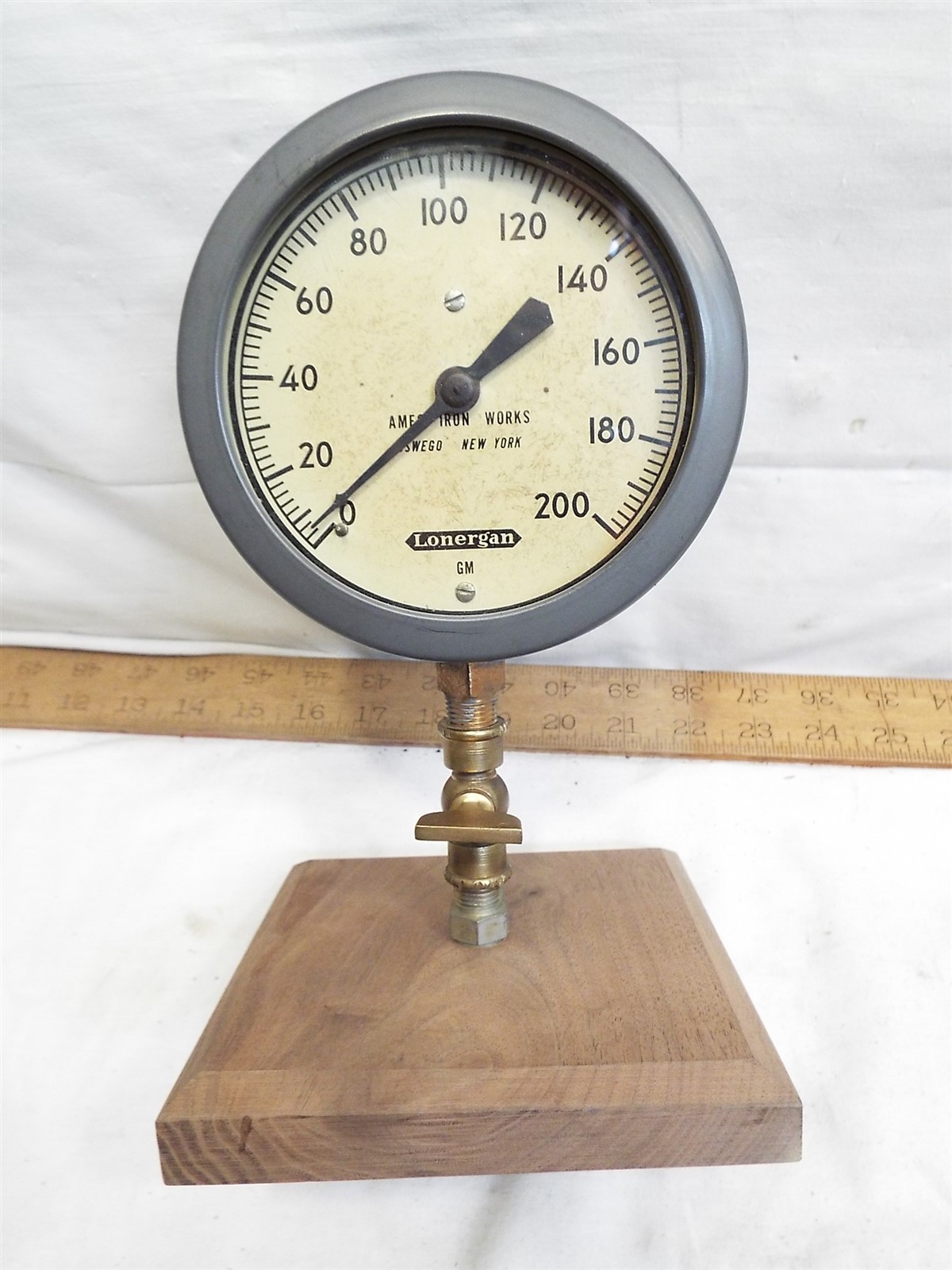 Vintage Lonergan Steam Pressure Gauge Ames Iron Works Oswego NY GM Boiler Gage
