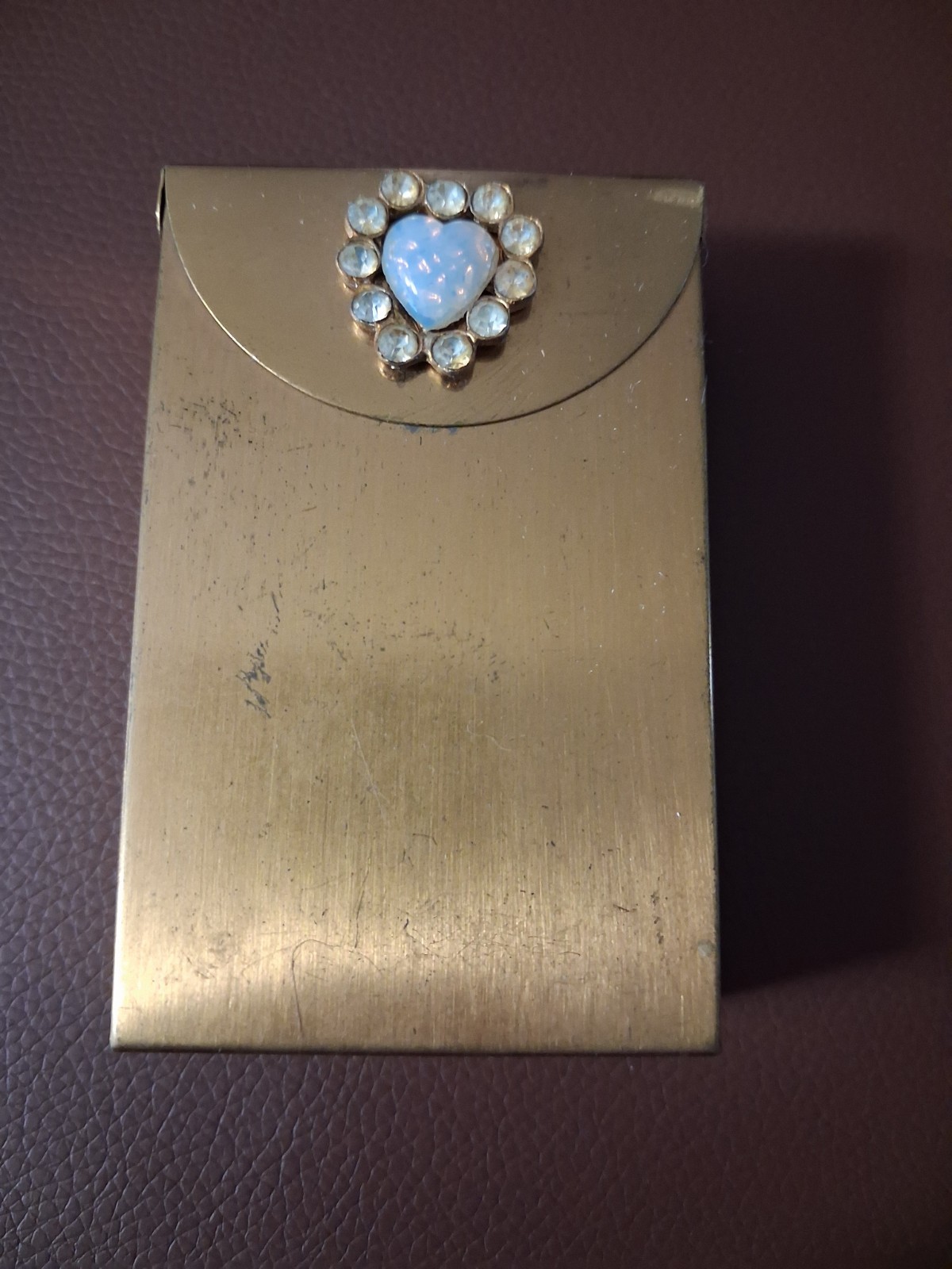 Gold-Tone Hinged Tobacco Case w/ Round Opalescent Stone & Rhinestone Accent
