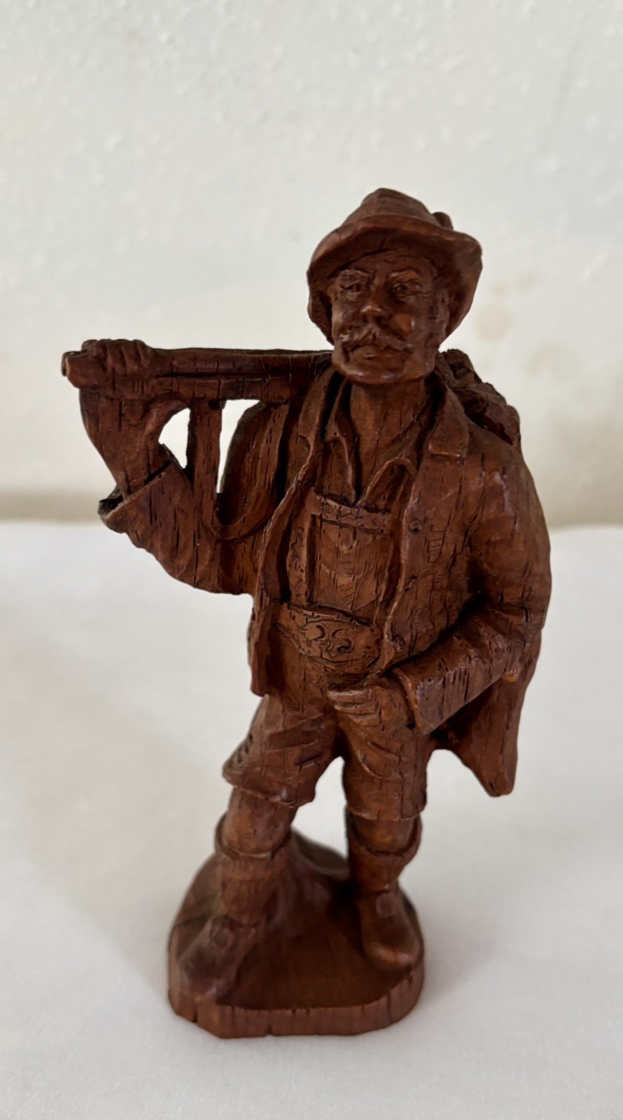 Vintage 7”Faux Black Forest Wood Hand Carved Hunter With Shotgun And Deer
