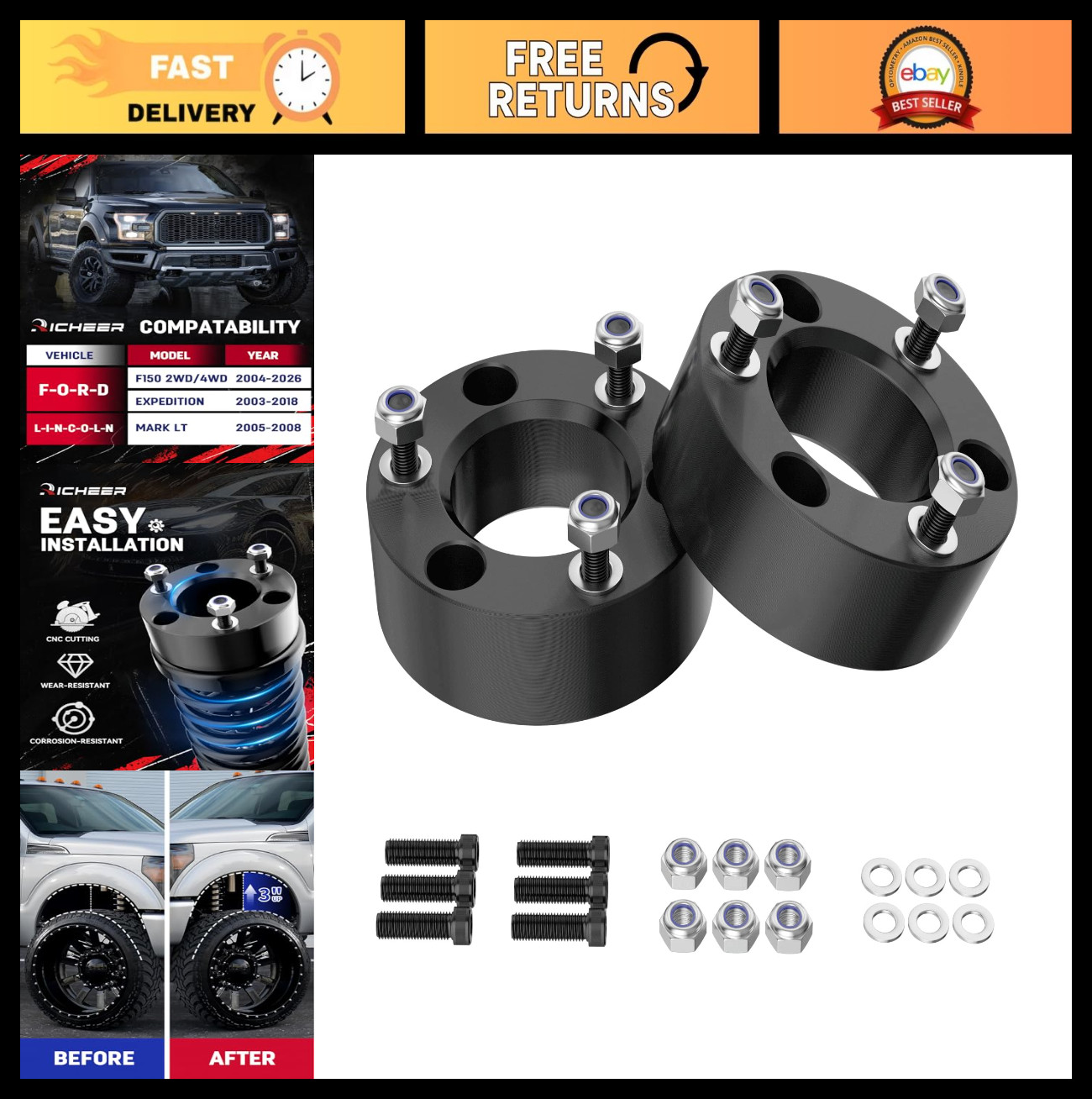 Richeer 3 inch Leveling Lift Kit Compatible with 2004-2026 F150, Leveling Lift K