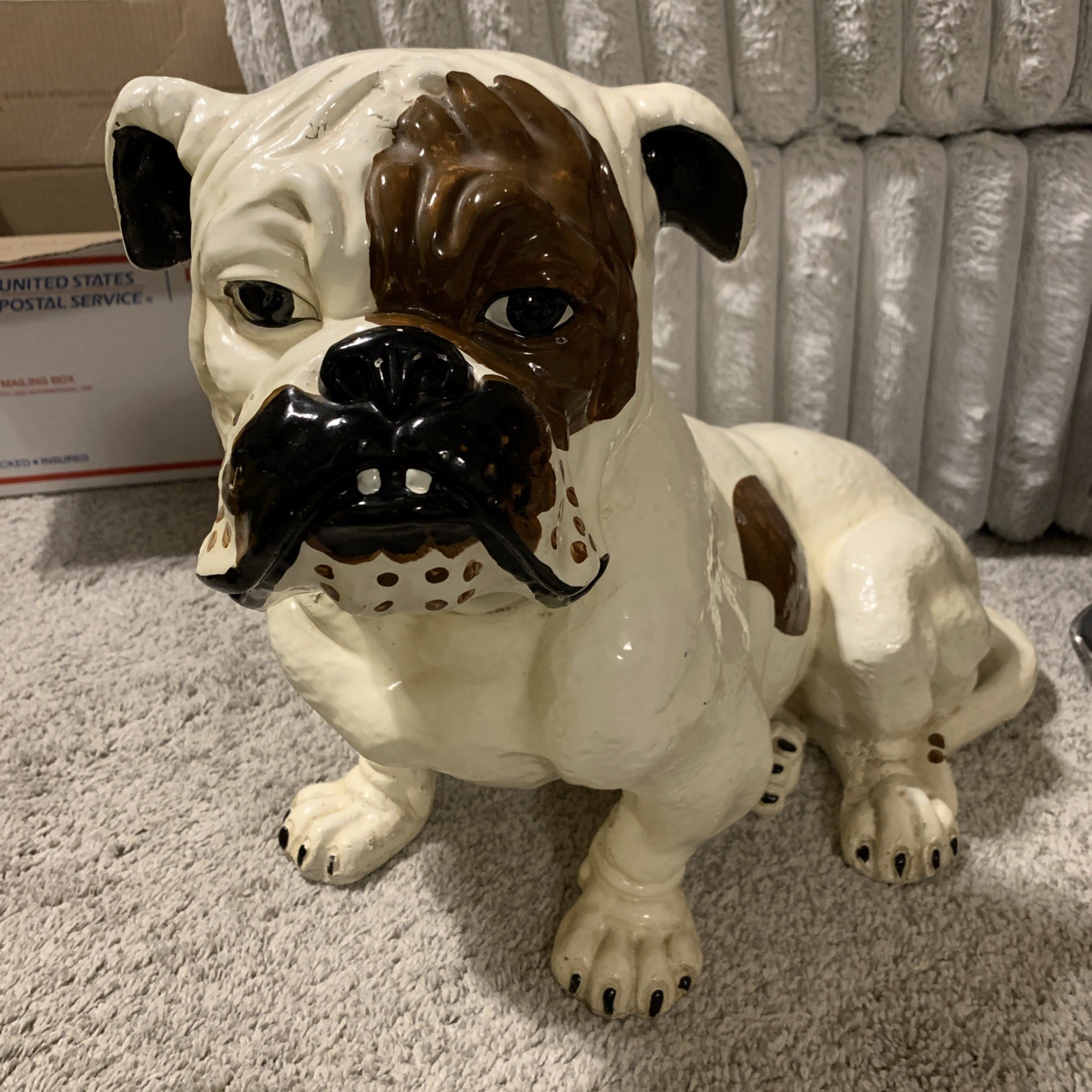Large Vintage Ceramic Sitting Bulldog  Brown and White Statue Figurine