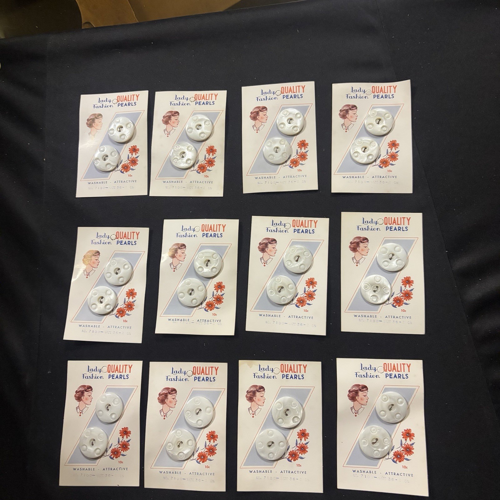 12 Vintage Lady Fashion Quality Pearls White Swirl Shank Button Cards NOS 10¢