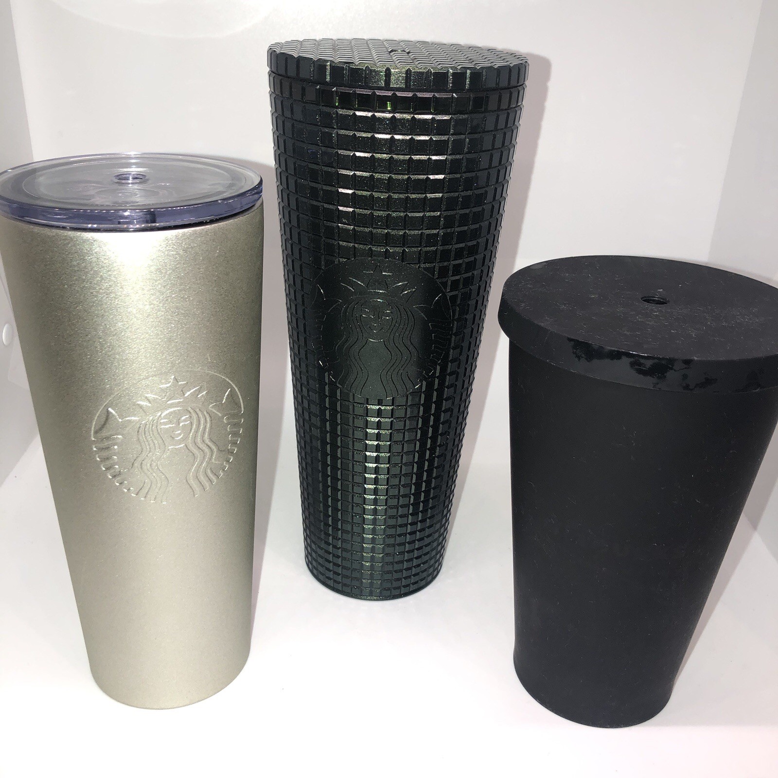 Starbucks Tumblers Lot Dark Green Studded Gold Black Lids No Straw Cold Beverage