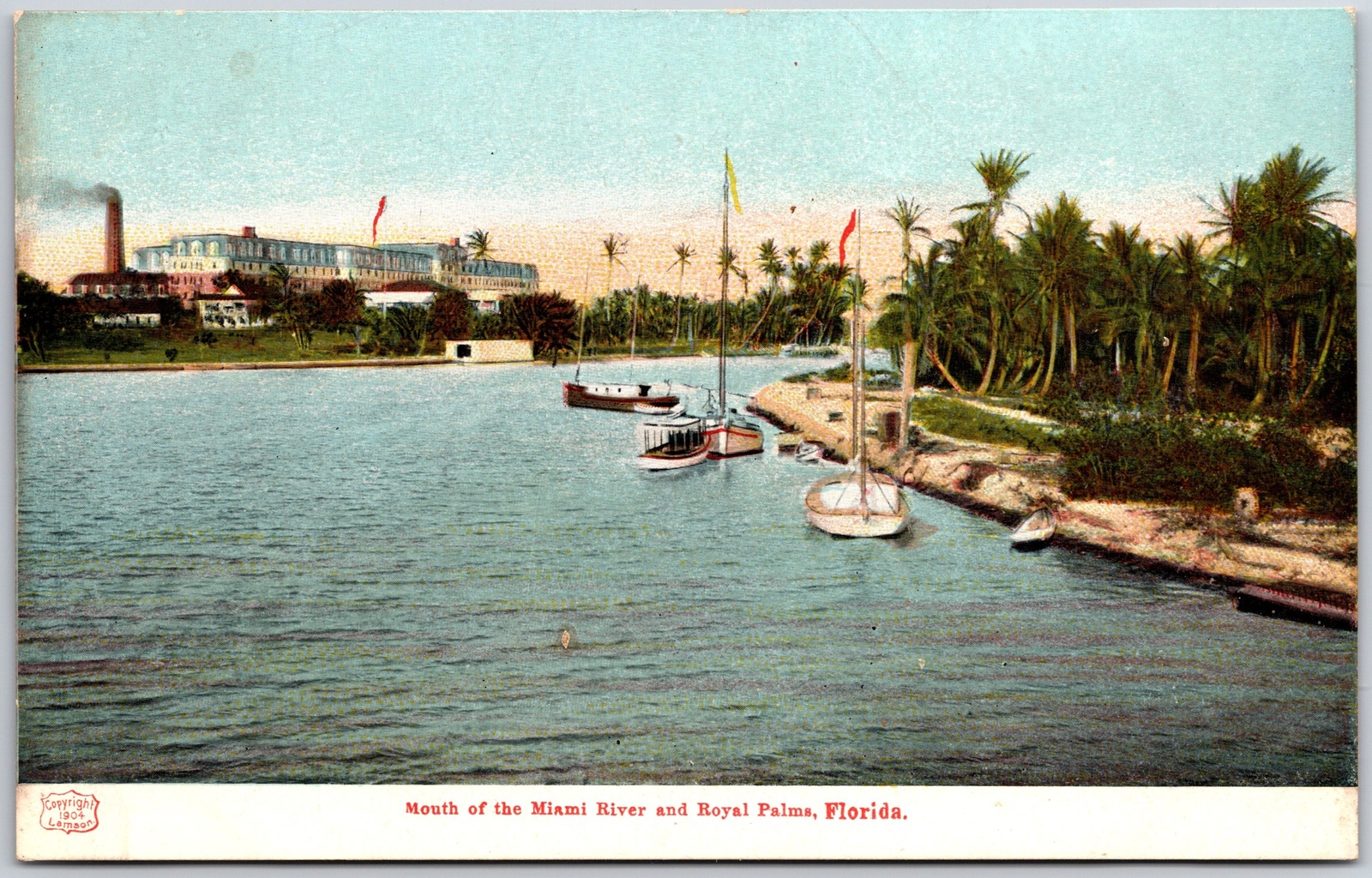 Mount of the Miami River in Royal Palms Florida FL Boats Palms Building Postcard