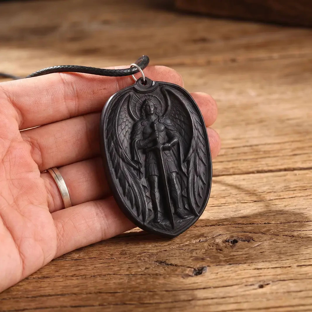 Personalized Saint Michael Oval Medallion Necklace – Handcrafted Ebony Wood Arch
