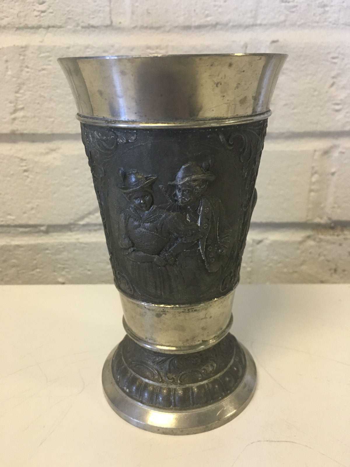 Vintage German Eduard Scholl Pewter Cup / Mug w Man Woman & Stag Deer Decoration