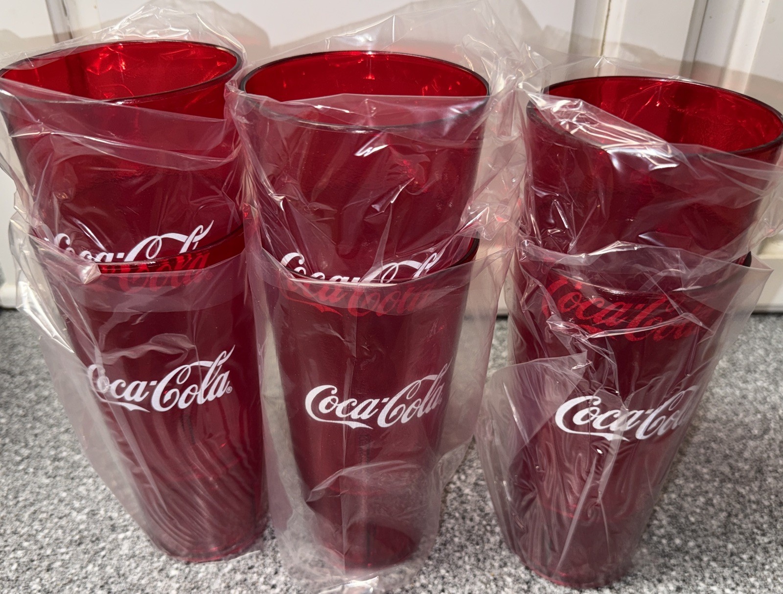 Red Textured Plastic Tumbler Coca Cola  Cups 24 Oz Restaurant Style - Six