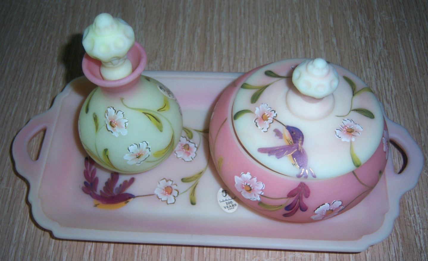 FENTON 5 PC.  Ltd. Ed. BURMESE DRESSER (VANITY) SET HUMMINGBIRD c. 2005