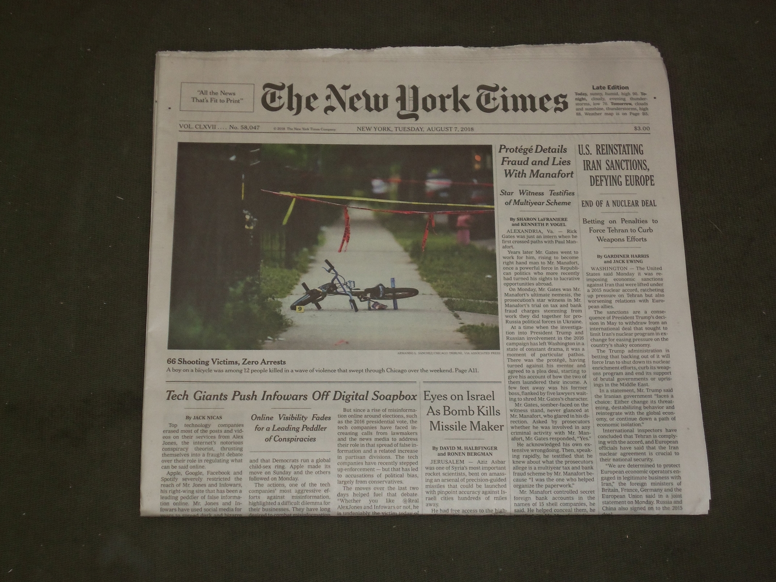 2018 AUGUST 7 NEW YORK TIMES - U.S. REINSTATING IRAN SANCTIONS, DEFYING EUROPE