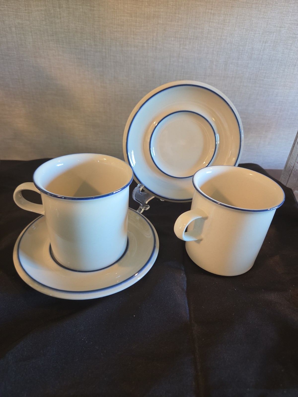 2 Retired Arabia Finland Saimaa Cup and Saucer Blue and White Coffee Tea