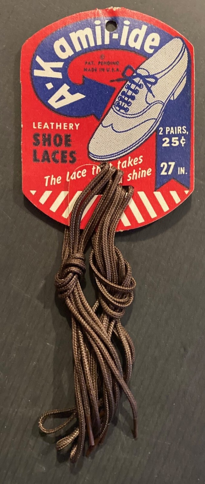Vintage A-Kamil-ide Tip Leathery Shoe Laces on Original Header Card c-1940s 