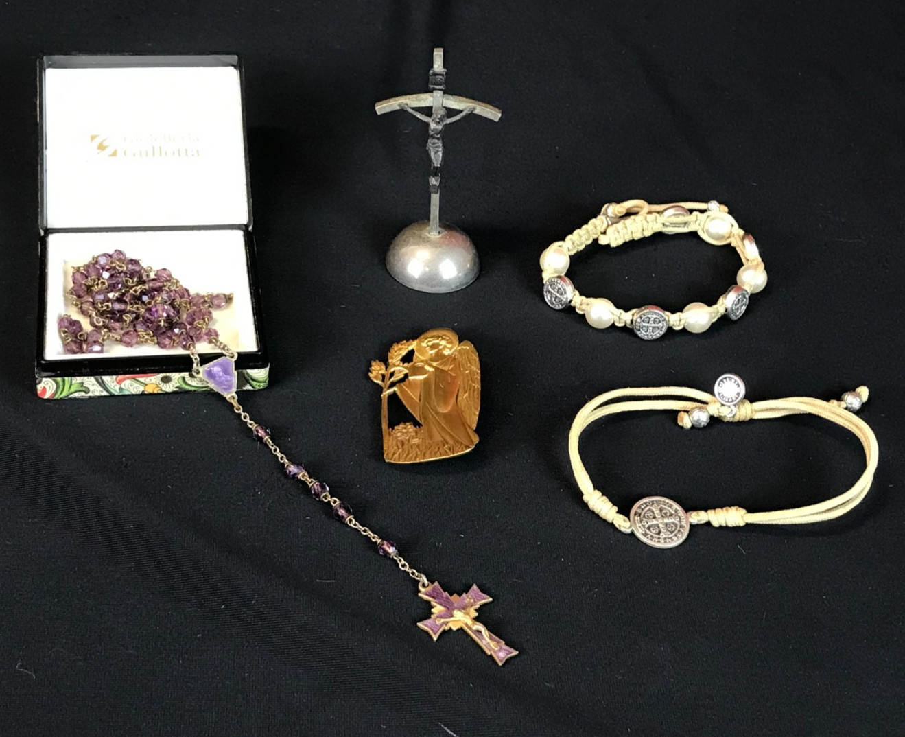 4 pcs Vintage ROSARY, ITALIAN CROSS, PIN & More