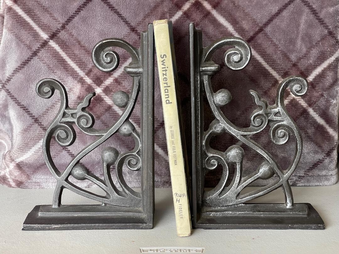 Vintage, High End Black Wrought Iron Ornamental Scrollwork Bookend Pair  / Heavy