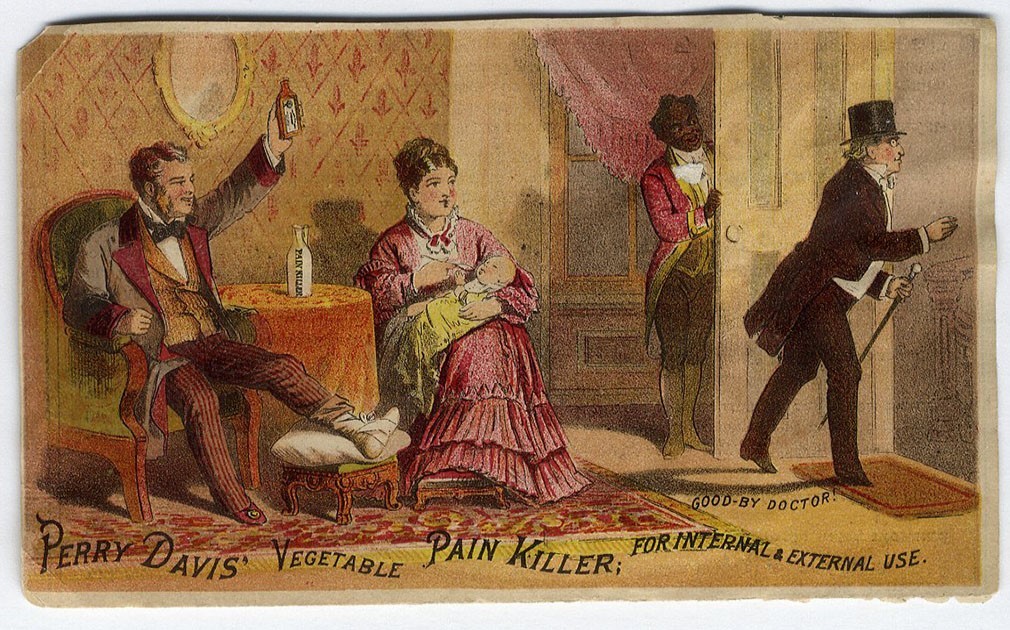 PERRY DAVIS PAIN KILLER Healthy Family Hold Up Bottle Quack Medicine Trade Card